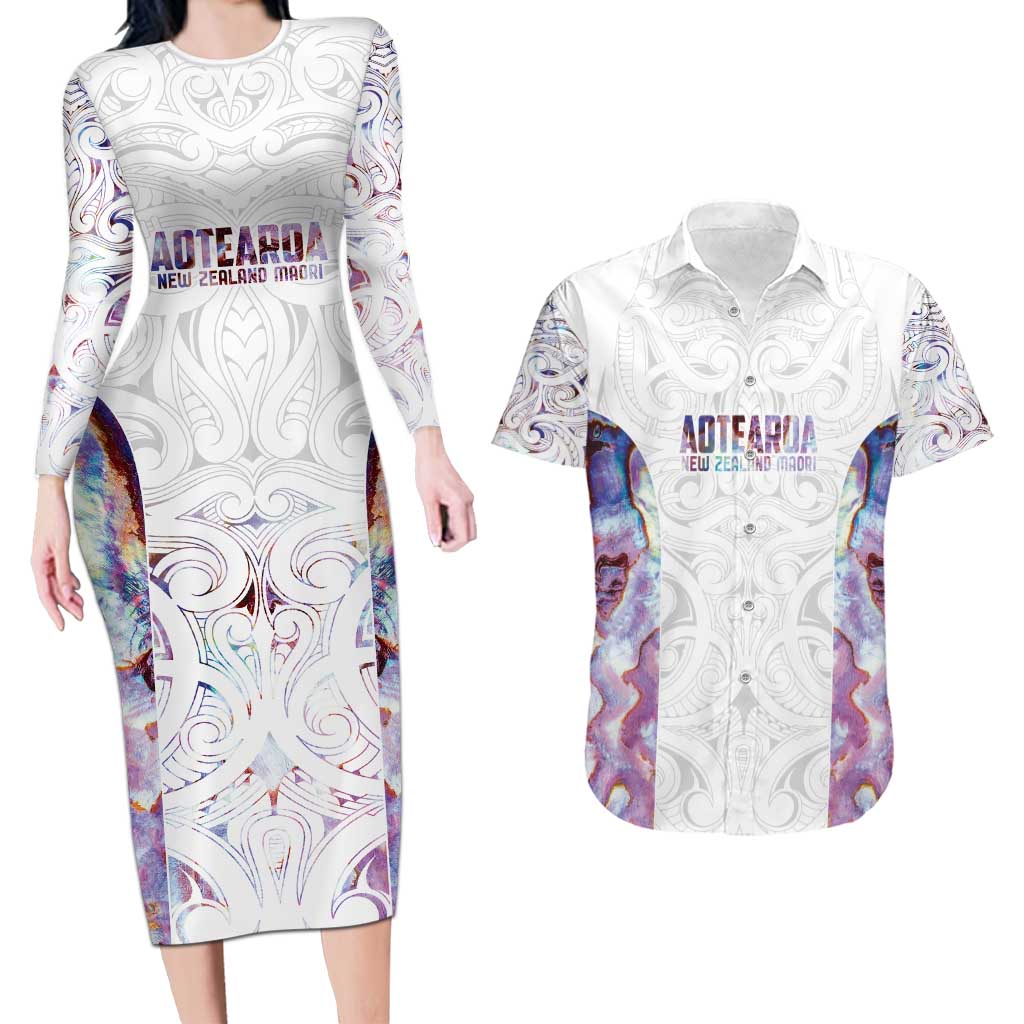 Custom New Zealand Aotearoa Couples Matching Long Sleeve Bodycon Dress and Hawaiian Shirt Pink Maori Paua Shell Indigenous - Polynesian Pride