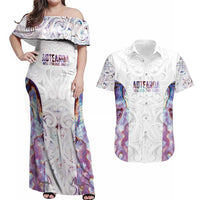 Custom New Zealand Aotearoa Couples Matching Off Shoulder Maxi Dress and Hawaiian Shirt Pink Maori Paua Shell Indigenous - Polynesian Pride