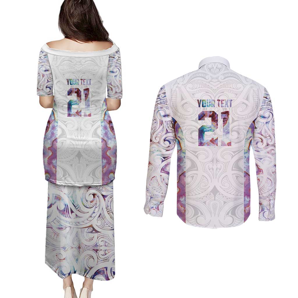 Custom New Zealand Aotearoa Couples Matching Puletasi and Long Sleeve Button Shirt Pink Maori Paua Shell Indigenous - Polynesian Pride