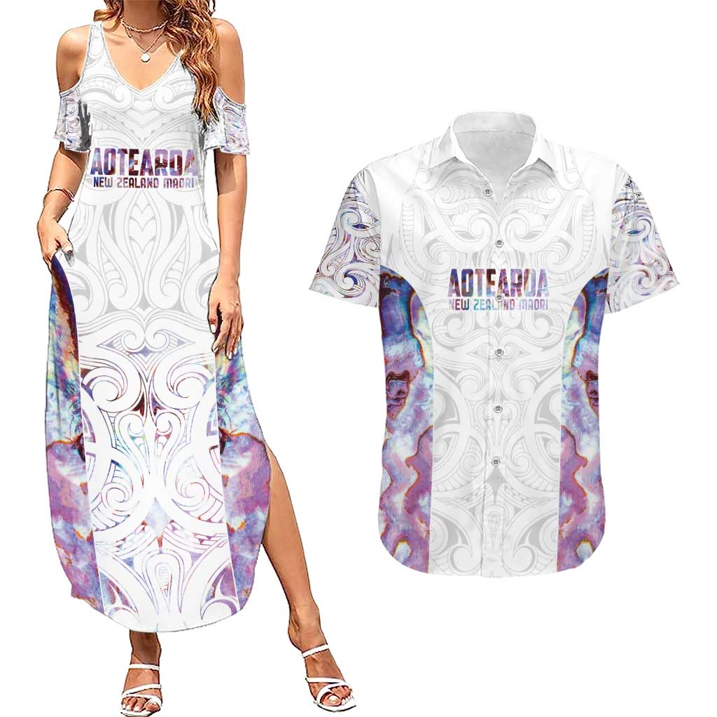 Custom New Zealand Aotearoa Couples Matching Summer Maxi Dress and Hawaiian Shirt Pink Maori Paua Shell Indigenous - Polynesian Pride