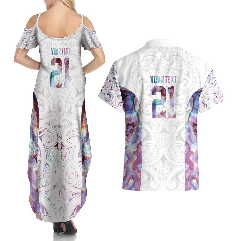 Custom New Zealand Aotearoa Couples Matching Summer Maxi Dress and Hawaiian Shirt Pink Maori Paua Shell Indigenous - Polynesian Pride