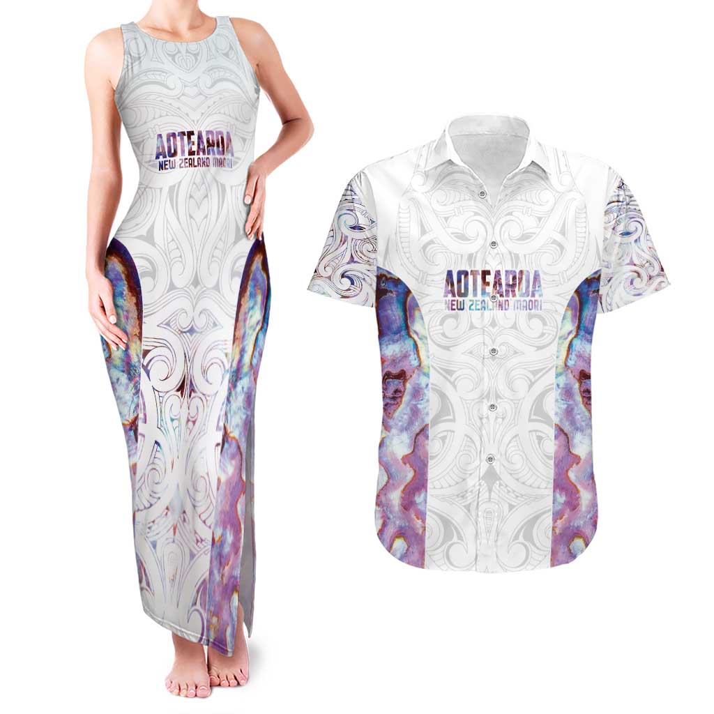 Custom New Zealand Aotearoa Couples Matching Tank Maxi Dress and Hawaiian Shirt Pink Maori Paua Shell Indigenous - Polynesian Pride