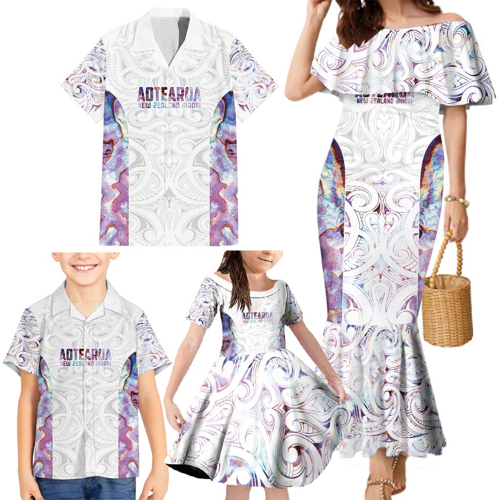 Custom New Zealand Aotearoa Family Matching Mermaid Dress and Hawaiian Shirt Pink Maori Paua Shell Indigenous - Polynesian Pride