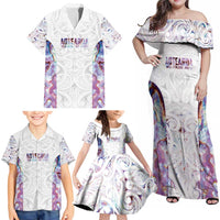Custom New Zealand Aotearoa Family Matching Off Shoulder Maxi Dress and Hawaiian Shirt Pink Maori Paua Shell Indigenous - Polynesian Pride