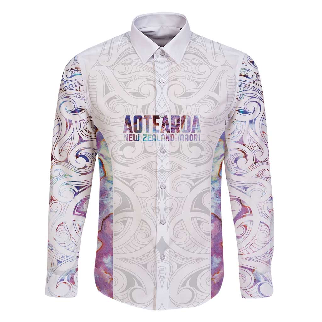 Custom New Zealand Aotearoa Family Matching Off Shoulder Short Dress and Hawaiian Shirt Pink Maori Paua Shell Indigenous LT9 Dad's Shirt - Long Sleeve Pink - Polynesian Pride