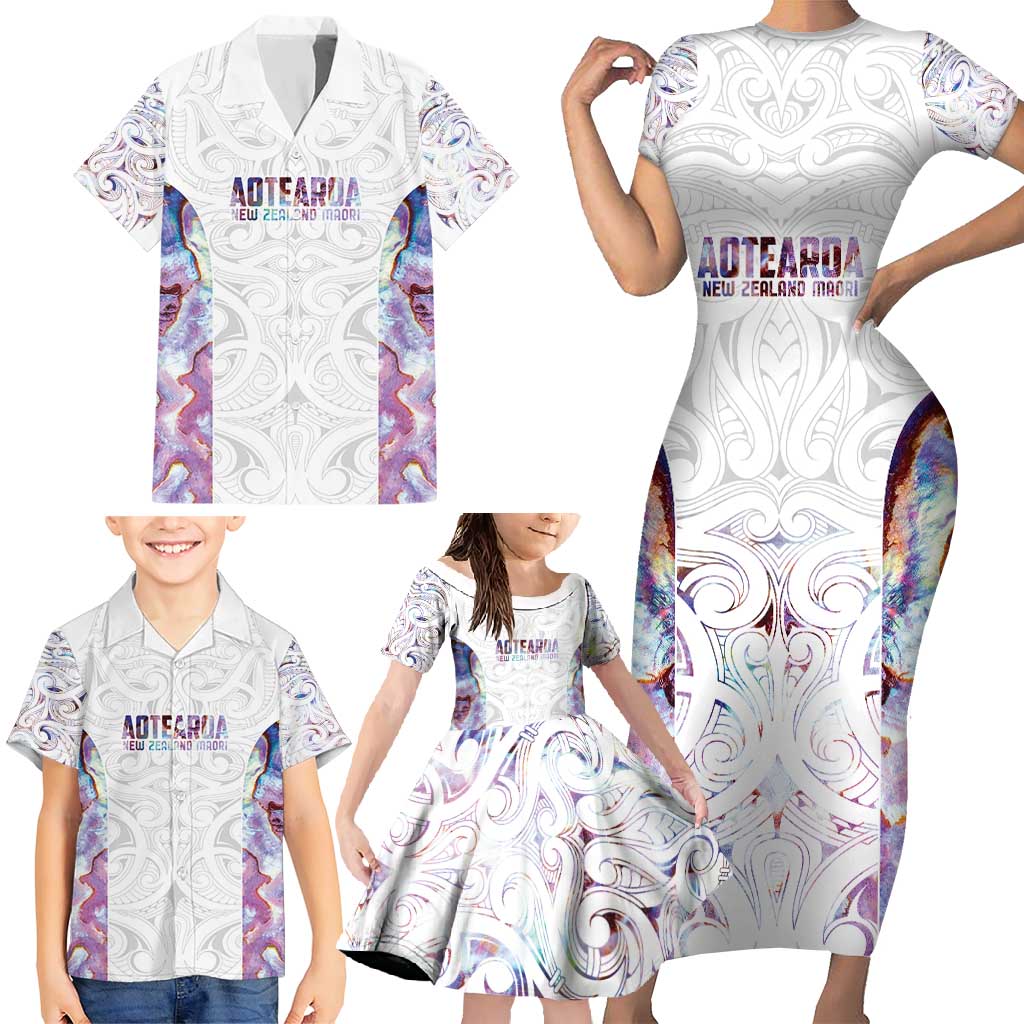 Custom New Zealand Aotearoa Family Matching Short Sleeve Bodycon Dress and Hawaiian Shirt Pink Maori Paua Shell Indigenous - Polynesian Pride