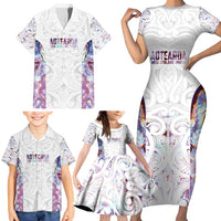 Custom New Zealand Aotearoa Family Matching Short Sleeve Bodycon Dress and Hawaiian Shirt Pink Maori Paua Shell Indigenous - Polynesian Pride