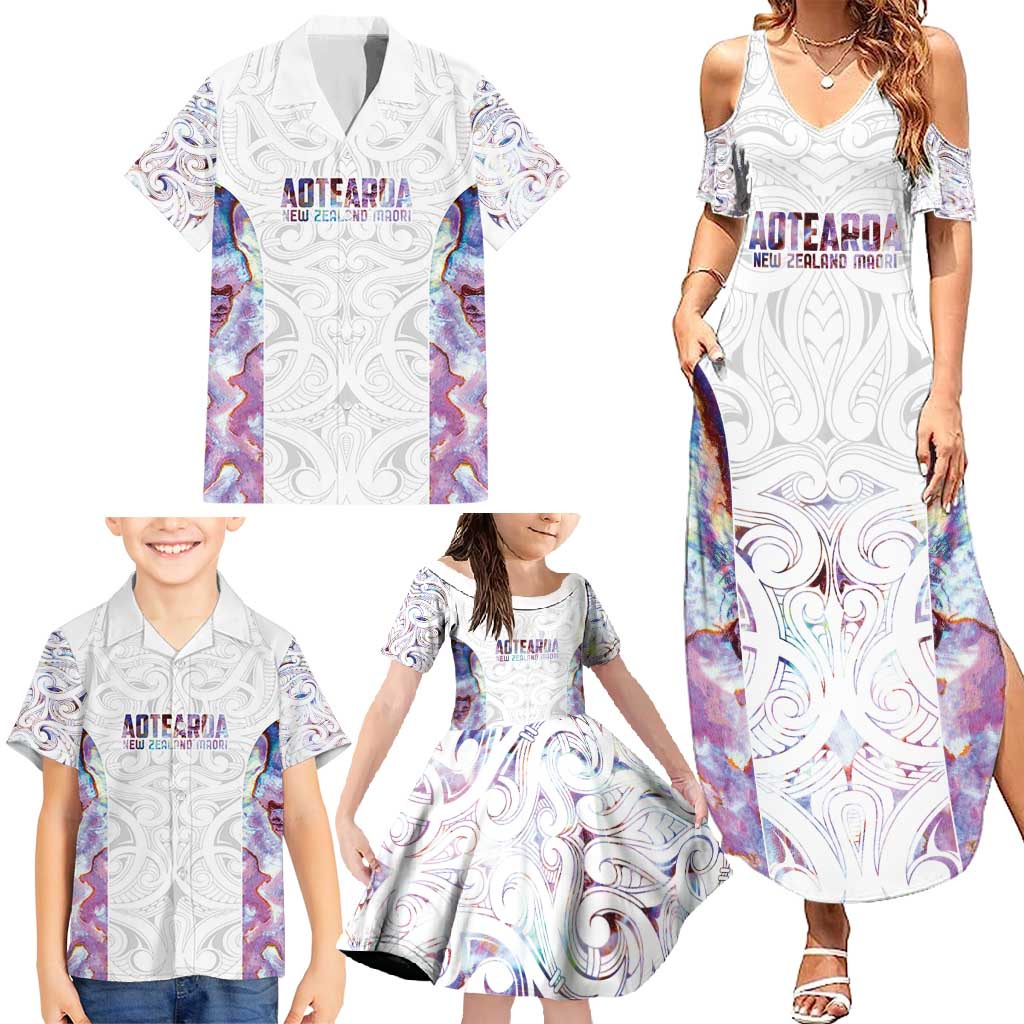 Custom New Zealand Aotearoa Family Matching Summer Maxi Dress and Hawaiian Shirt Pink Maori Paua Shell Indigenous - Polynesian Pride