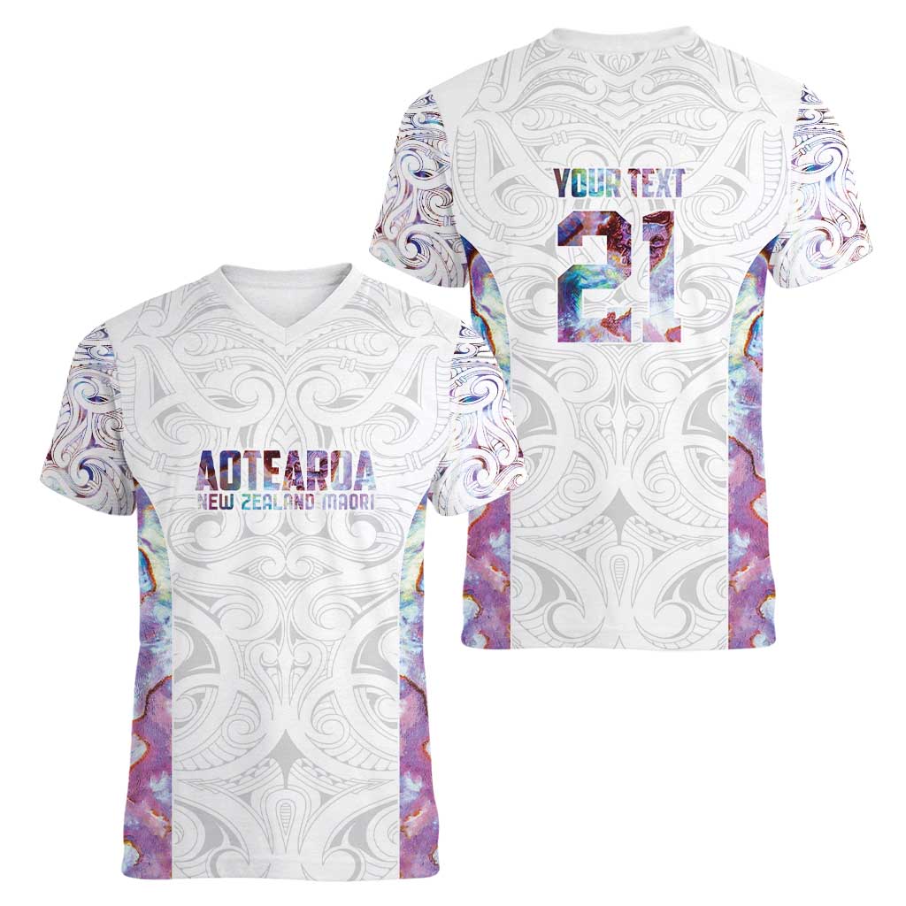 Custom New Zealand Aotearoa Women V-Neck T-Shirt Pink Maori Paua Shell Indigenous LT9 - Polynesian Pride