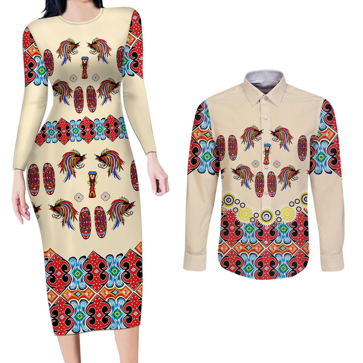 Papua Batik Motif Bird Of Paradise and Native Papuan Shield Couples Matching Long Sleeve Bodycon Dress and Long Sleeve Button Shirt LT9 Beige - Polynesian Pride