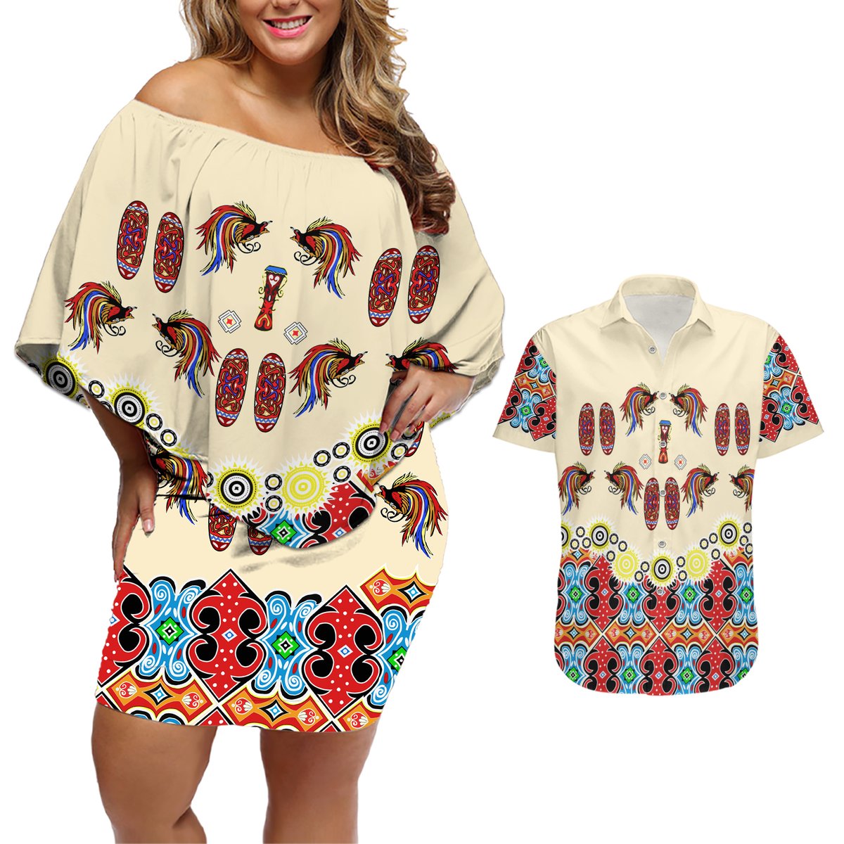 Papua Batik Motif Bird Of Paradise and Native Papuan Shield Couples Matching Off Shoulder Short Dress and Hawaiian Shirt LT9 Beige - Polynesian Pride