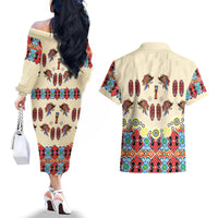 Papua Batik Motif Bird Of Paradise and Native Papuan Shield Couples Matching Off The Shoulder Long Sleeve Dress and Hawaiian Shirt LT9 - Polynesian Pride