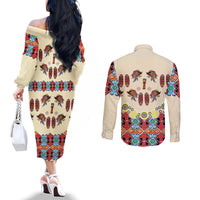 Papua Batik Motif Bird Of Paradise and Native Papuan Shield Couples Matching Off The Shoulder Long Sleeve Dress and Long Sleeve Button Shirt LT9 - Polynesian Pride