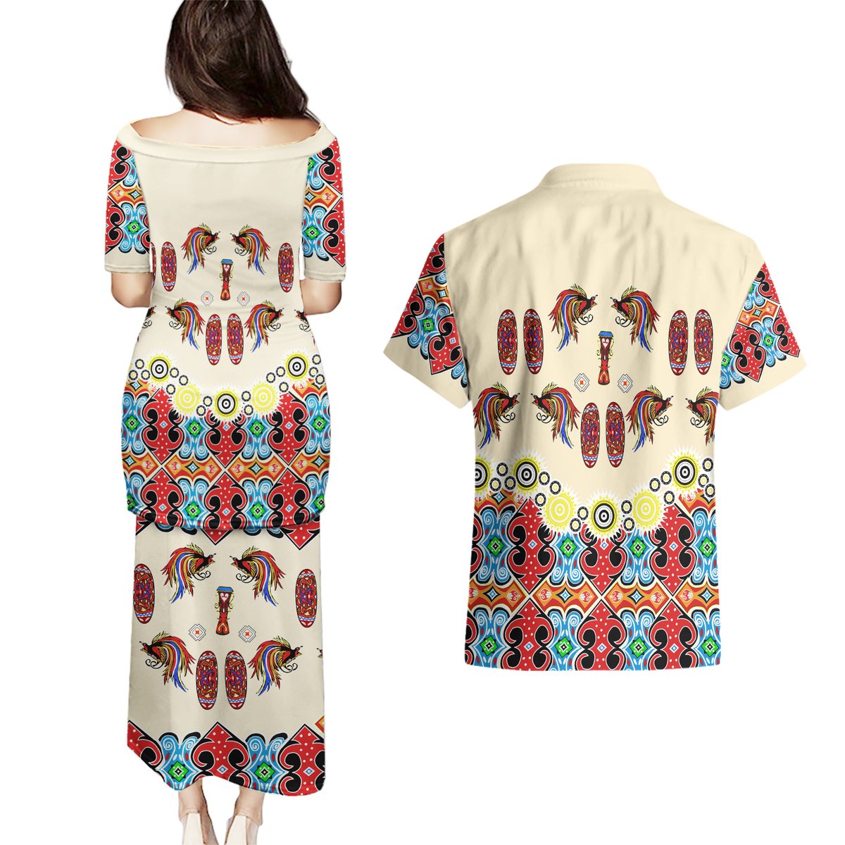 Papua Batik Motif Bird Of Paradise and Native Papuan Shield Couples Matching Puletasi Dress and Hawaiian Shirt LT9 - Polynesian Pride