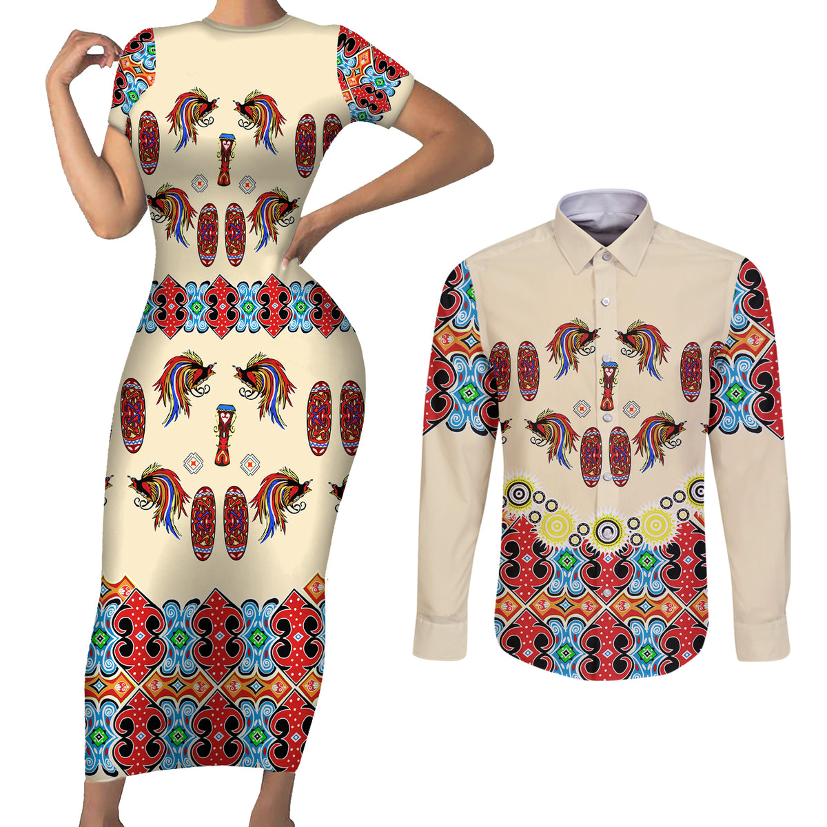 Papua Batik Motif Bird Of Paradise and Native Papuan Shield Couples Matching Short Sleeve Bodycon Dress and Long Sleeve Button Shirt LT9 Beige - Polynesian Pride
