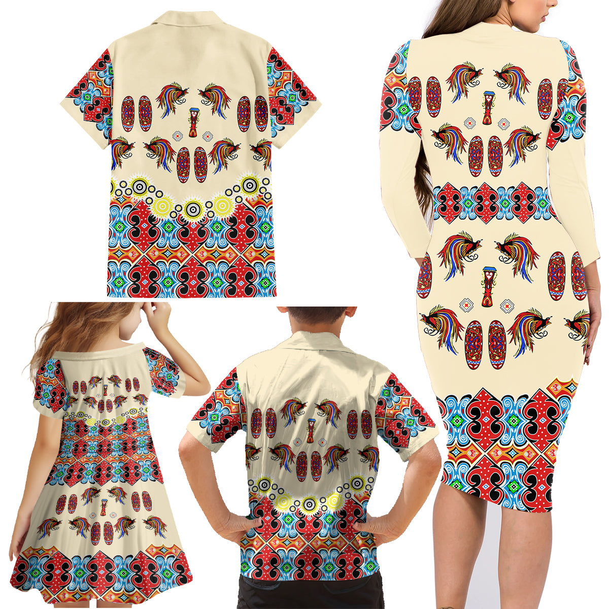 Papua Batik Motif Bird Of Paradise and Native Papuan Shield Family Matching Long Sleeve Bodycon Dress and Hawaiian Shirt LT9 - Polynesian Pride