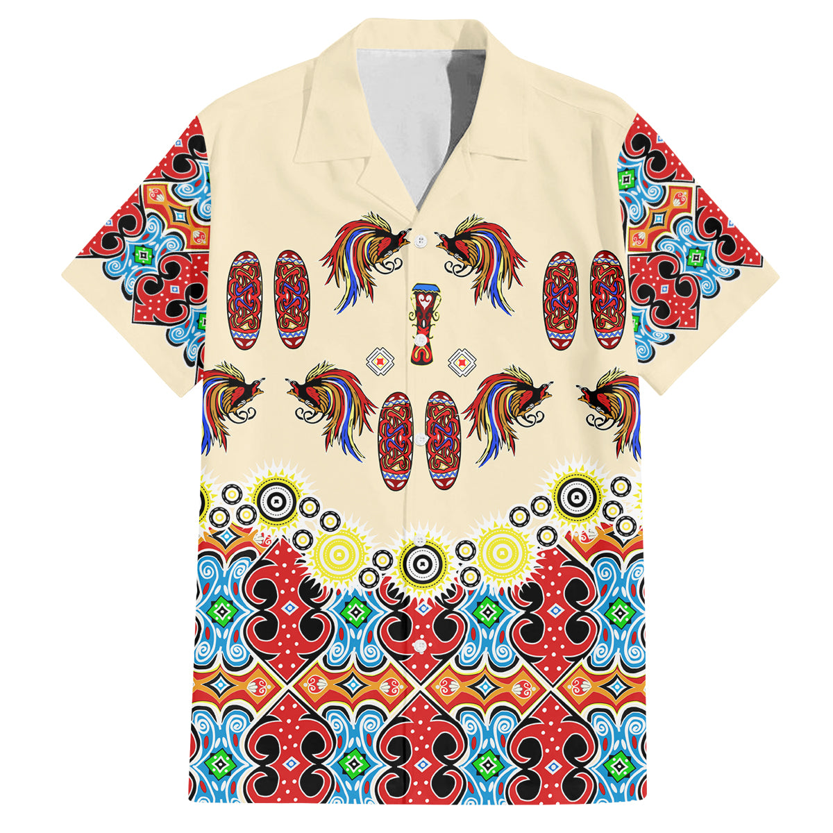 Papua Batik Motif Bird Of Paradise and Native Papuan Shield Family Matching Long Sleeve Bodycon Dress and Hawaiian Shirt LT9 Dad's Shirt - Short Sleeve Beige - Polynesian Pride