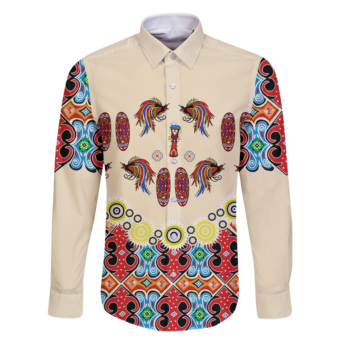 Papua Batik Motif Bird Of Paradise and Native Papuan Shield Family Matching Summer Maxi Dress and Hawaiian Shirt LT9 Dad's Shirt - Long Sleeve Beige - Polynesian Pride