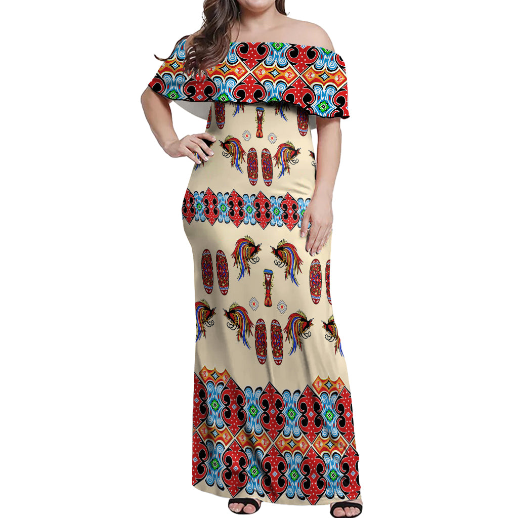 Papua Batik Motif Bird Of Paradise and Native Papuan Shield Off Shoulder Maxi Dress LT9 Women Beige - Polynesian Pride