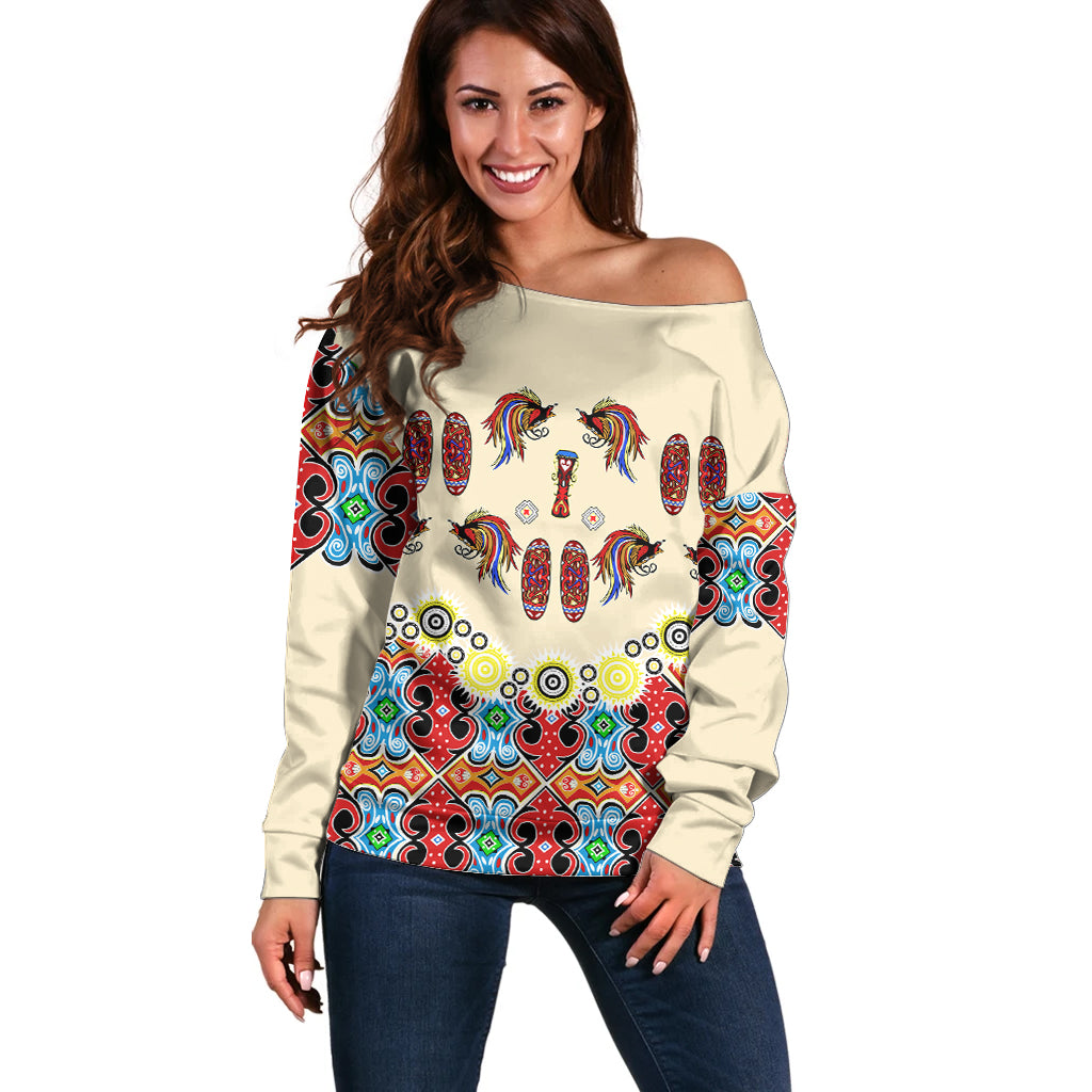 Papua Batik Motif Bird Of Paradise and Native Papuan Shield Off Shoulder Sweater LT9 Women Beige - Polynesian Pride