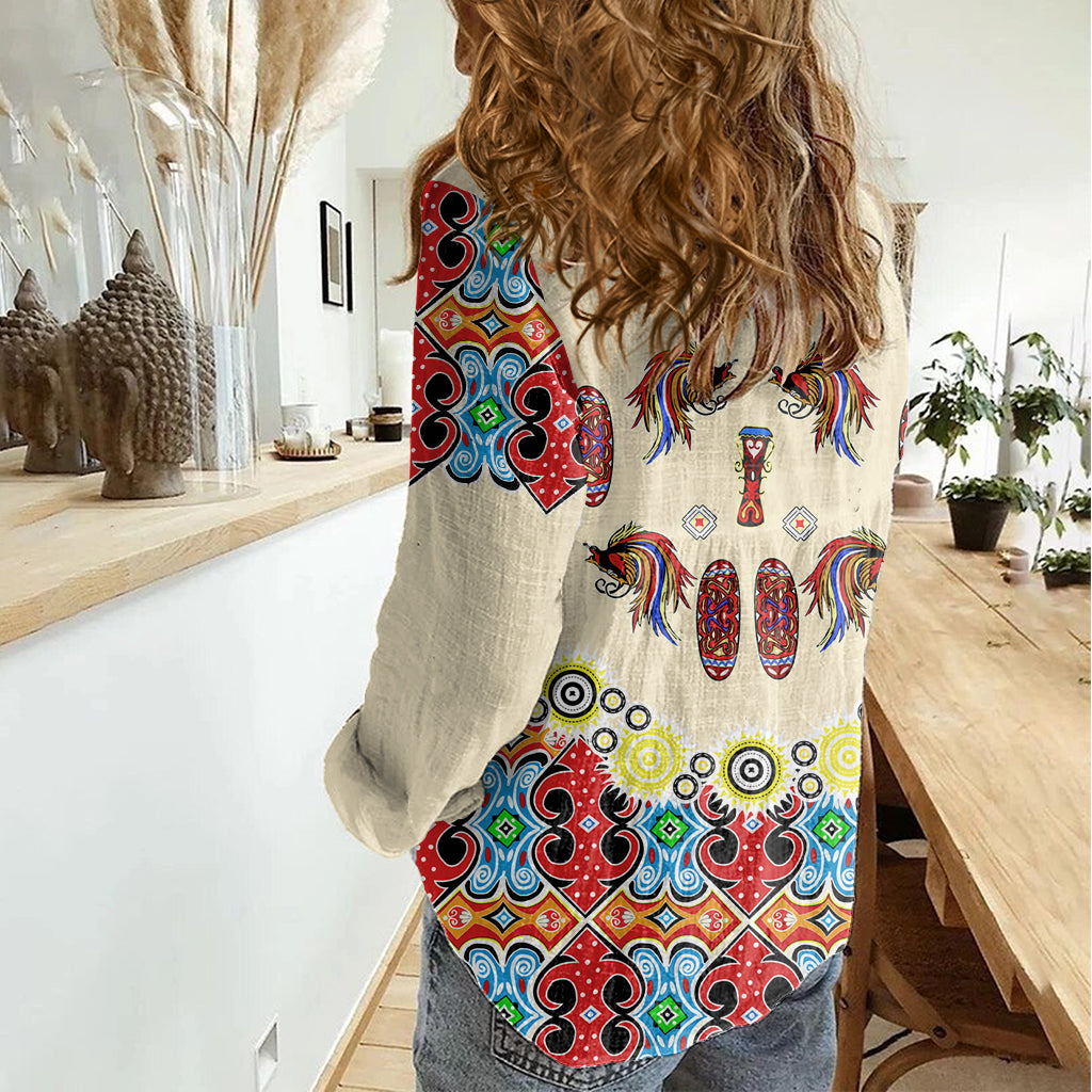 Papua Batik Motif Bird Of Paradise and Native Papuan Shield Women Casual Shirt LT9 - Polynesian Pride