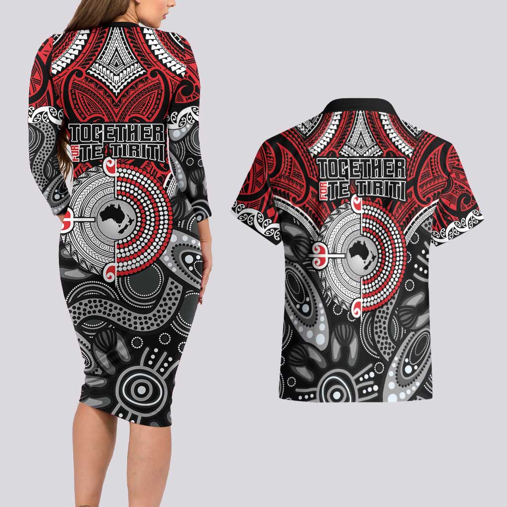 Aotearoa and Australia Couples Matching Long Sleeve Bodycon Dress and Hawaiian Shirt New Zealand Honour The Treaty Ake!Ake!Ake! LT9 - Polynesian Pride