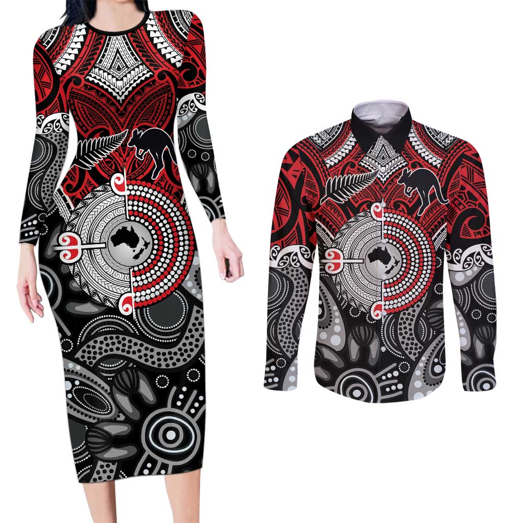 Aotearoa and Australia Couples Matching Long Sleeve Bodycon Dress and Long Sleeve Button Shirt New Zealand Honour The Treaty Ake!Ake!Ake!