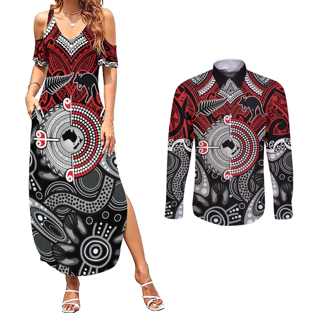 Aotearoa and Australia Couples Matching Summer Maxi Dress and Long Sleeve Button Shirt New Zealand Honour The Treaty Ake!Ake!Ake!
