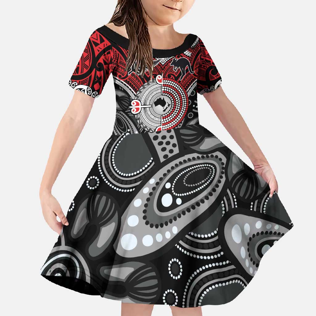 Aotearoa and Australia Family Matching Short Sleeve Bodycon Dress and Hawaiian Shirt New Zealand Honour The Treaty Ake!Ake!Ake! LT9 Daughter's Dress Red - Polynesian Pride