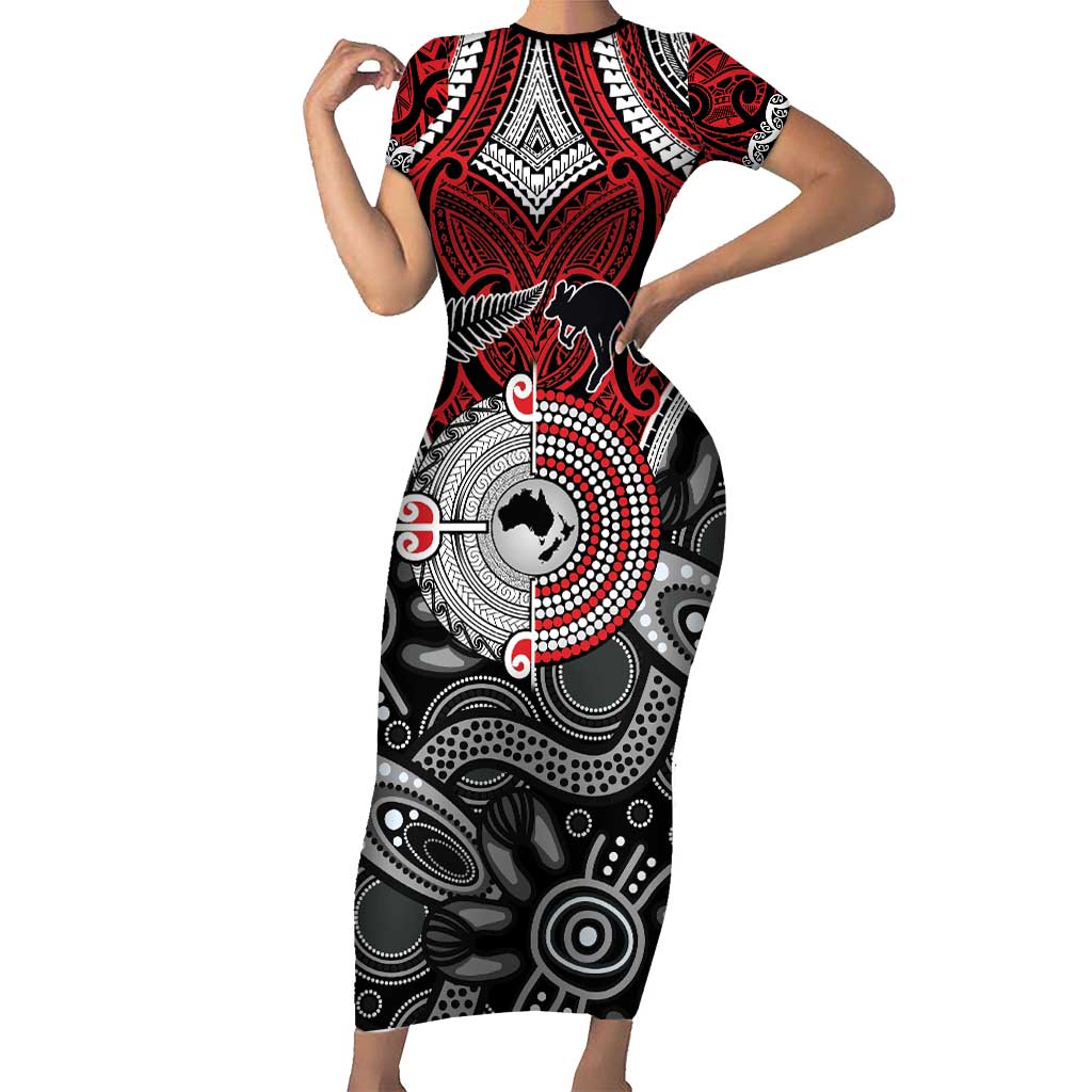 Aotearoa and Australia Family Matching Short Sleeve Bodycon Dress and Hawaiian Shirt New Zealand Honour The Treaty Ake!Ake!Ake! LT9 Mom's Dress Red - Polynesian Pride