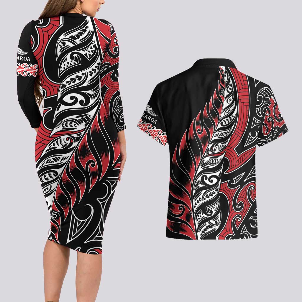 Koru Fern New Zealand Couples Matching Long Sleeve Bodycon Dress and Hawaiian Shirt Maori Tribal Pattern LT9 - Polynesian Pride