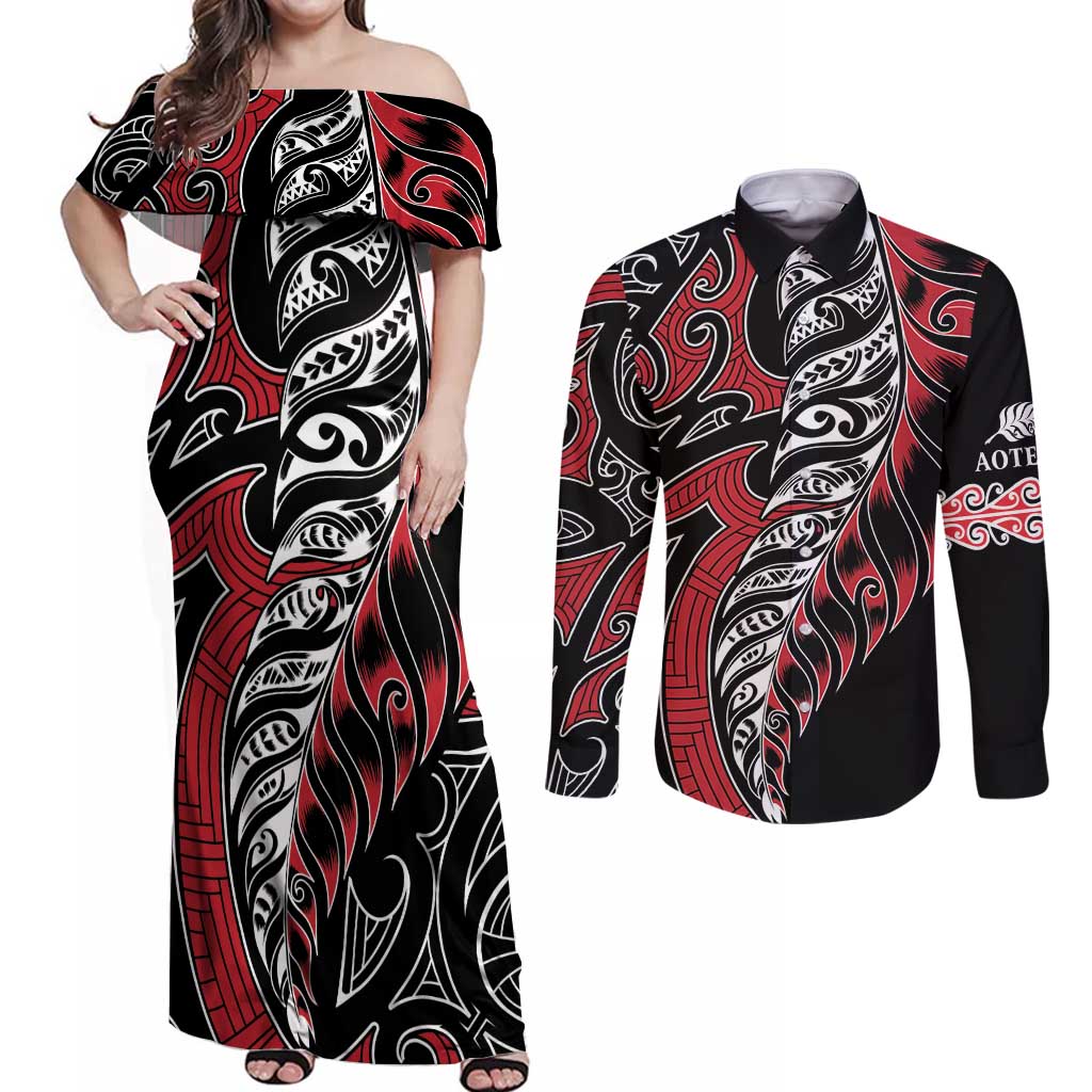 Koru Fern New Zealand Couples Matching Off Shoulder Maxi Dress and Long Sleeve Button Shirt Maori Tribal Pattern