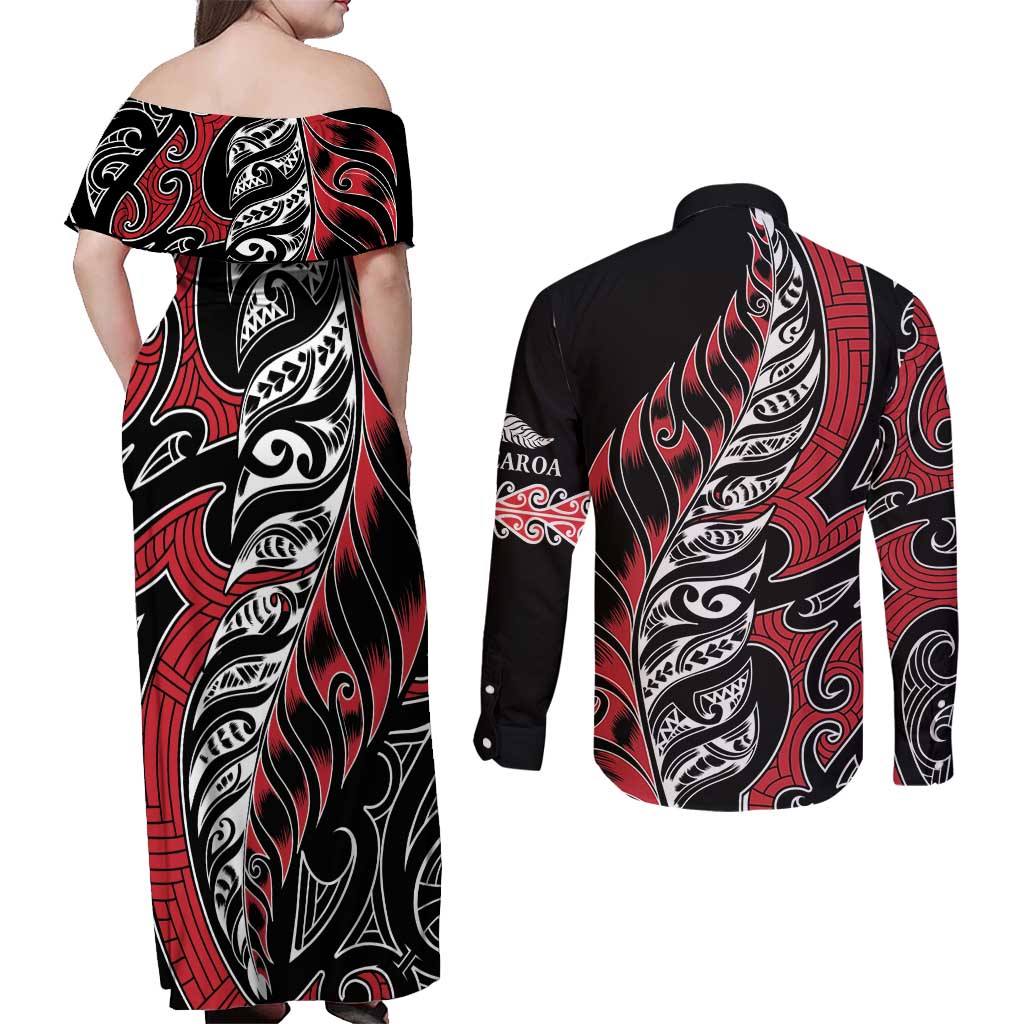 Koru Fern New Zealand Couples Matching Off Shoulder Maxi Dress and Long Sleeve Button Shirt Maori Tribal Pattern