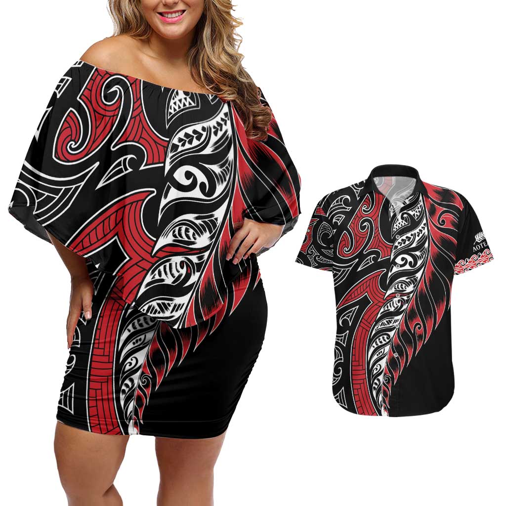 Koru Fern New Zealand Couples Matching Off Shoulder Short Dress and Hawaiian Shirt Maori Tribal Pattern