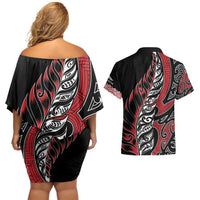 Koru Fern New Zealand Couples Matching Off Shoulder Short Dress and Hawaiian Shirt Maori Tribal Pattern