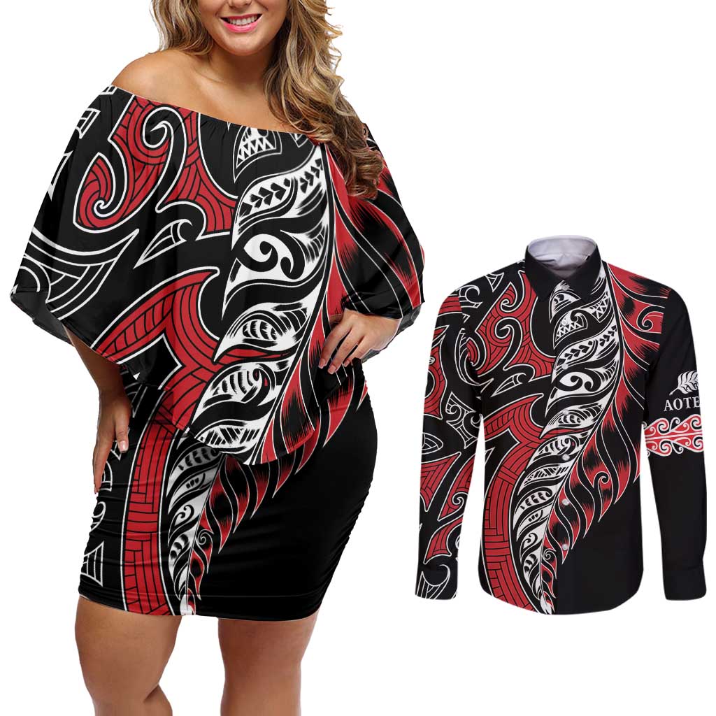 Koru Fern New Zealand Couples Matching Off Shoulder Short Dress and Long Sleeve Button Shirt Maori Tribal Pattern