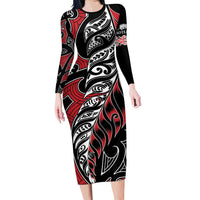 Koru Fern New Zealand Family Matching Long Sleeve Bodycon Dress and Hawaiian Shirt Maori Tribal Pattern LT9 Mom's Dress Red - Polynesian Pride