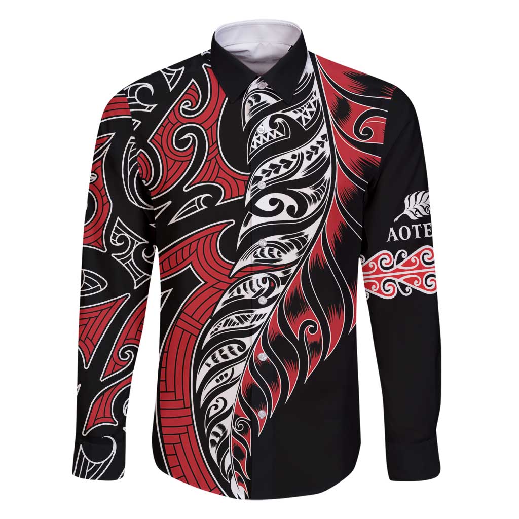 Koru Fern New Zealand Family Matching Off Shoulder Maxi Dress and Hawaiian Shirt Maori Tribal Pattern LT9 Dad's Shirt - Long Sleeve Red - Polynesian Pride