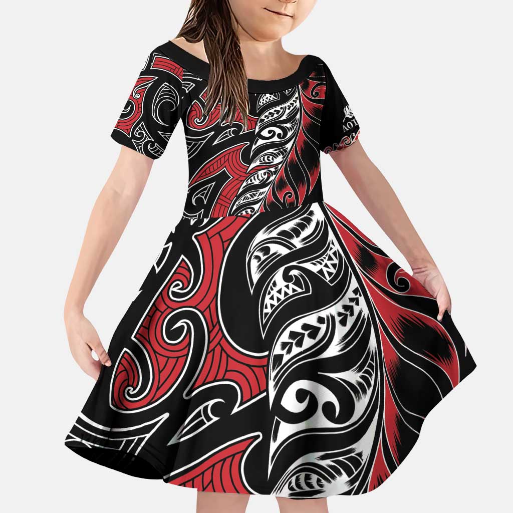 Koru Fern New Zealand Family Matching Puletasi and Hawaiian Shirt Maori Tribal Pattern LT9 Daughter's Dress Red - Polynesian Pride
