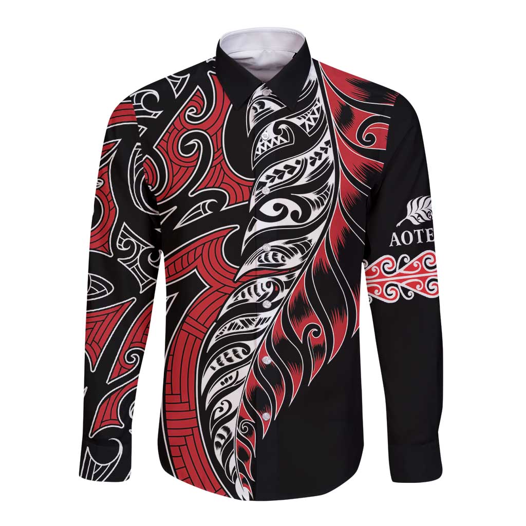 Koru Fern New Zealand Long Sleeve Button Shirt Maori Tribal Pattern LT9 Unisex Red - Polynesian Pride