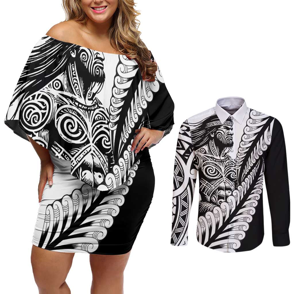 Koru Fern New Zealand Maori Tribal Warrior Couples Matching Off Shoulder Short Dress and Long Sleeve Button Shirt