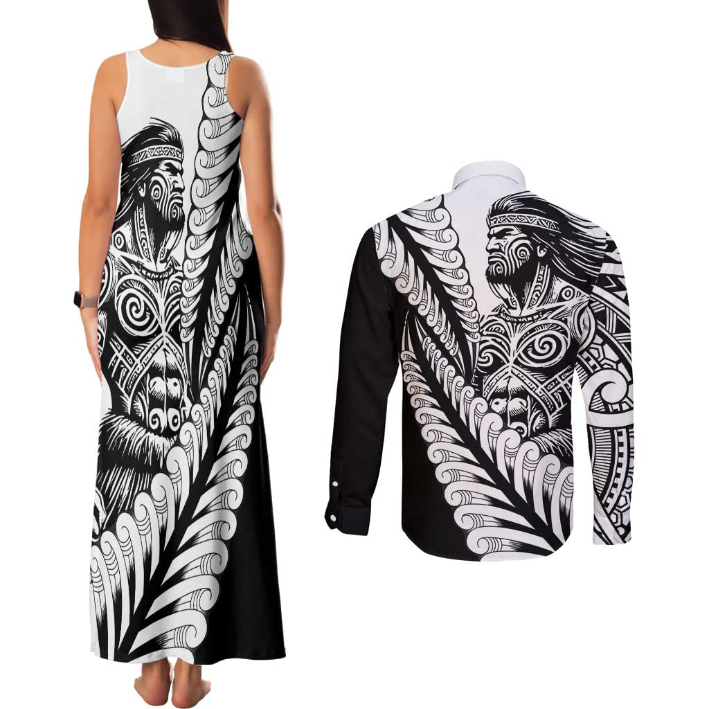 Koru Fern New Zealand Maori Tribal Warrior Couples Matching Tank Maxi Dress and Long Sleeve Button Shirt