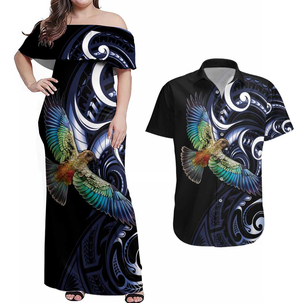 New Zealand Kea Bird Personalised Couples Matching Off Shoulder Maxi Dress and Hawaiian Shirt Maori Tribal Koru Art LT9 Blue - Polynesian Pride