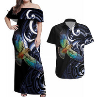 New Zealand Kea Bird Personalised Couples Matching Off Shoulder Maxi Dress and Hawaiian Shirt Maori Tribal Koru Art LT9 Blue - Polynesian Pride