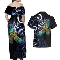 New Zealand Kea Bird Personalised Couples Matching Off Shoulder Maxi Dress and Hawaiian Shirt Maori Tribal Koru Art LT9 - Polynesian Pride