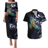 New Zealand Kea Bird Personalised Couples Matching Puletasi and Hawaiian Shirt Maori Tribal Koru Art