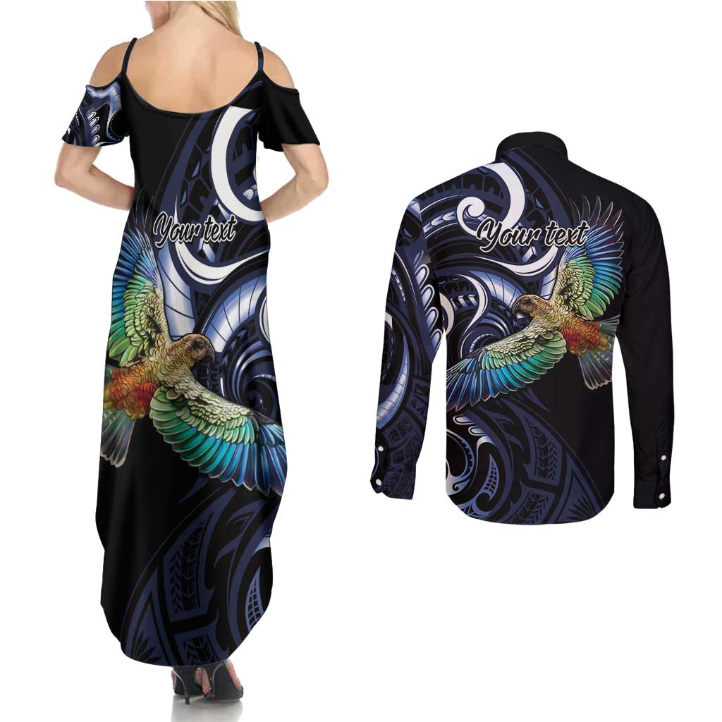 New Zealand Kea Bird Personalised Couples Matching Summer Maxi Dress and Long Sleeve Button Shirt Maori Tribal Koru Art