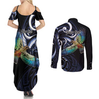 New Zealand Kea Bird Personalised Couples Matching Summer Maxi Dress and Long Sleeve Button Shirt Maori Tribal Koru Art
