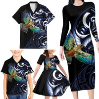 New Zealand Kea Bird Personalised Family Matching Long Sleeve Bodycon Dress and Hawaiian Shirt Maori Tribal Koru Art LT9 - Polynesian Pride