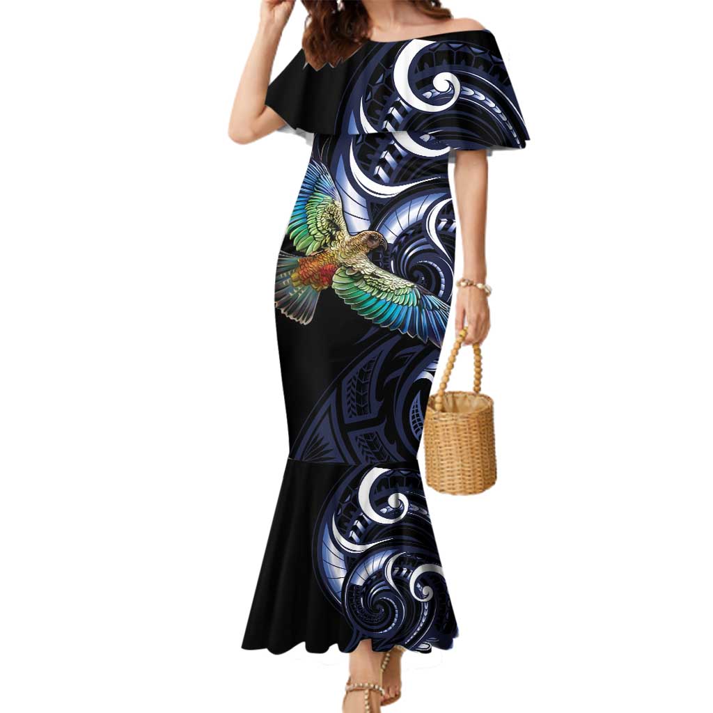 New Zealand Kea Bird Personalised Family Matching Mermaid Dress and Hawaiian Shirt Maori Tribal Koru Art LT9 Mom's Dress Blue - Polynesian Pride